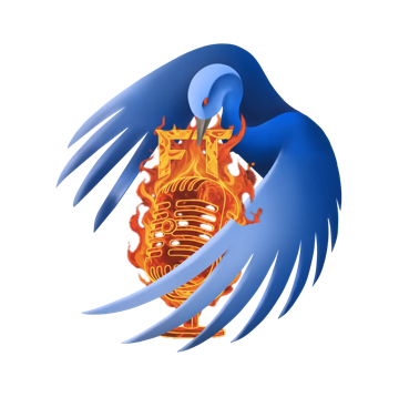 Fire Talk logo: Roy the blue crane embracing a flaming microphone