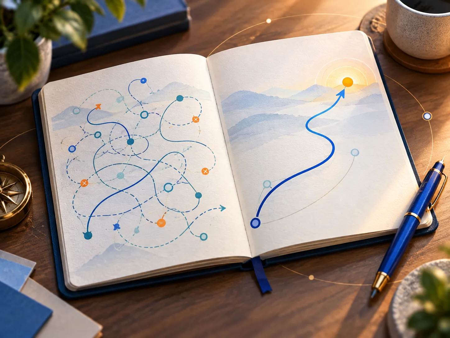 An open notebook moves from tangled possibilities to one clear path forward